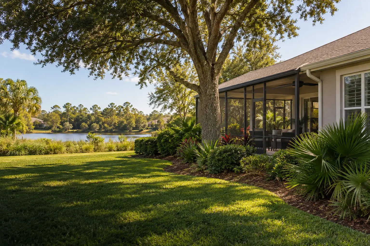 Land O Lakes home with a screened lanai near a lake