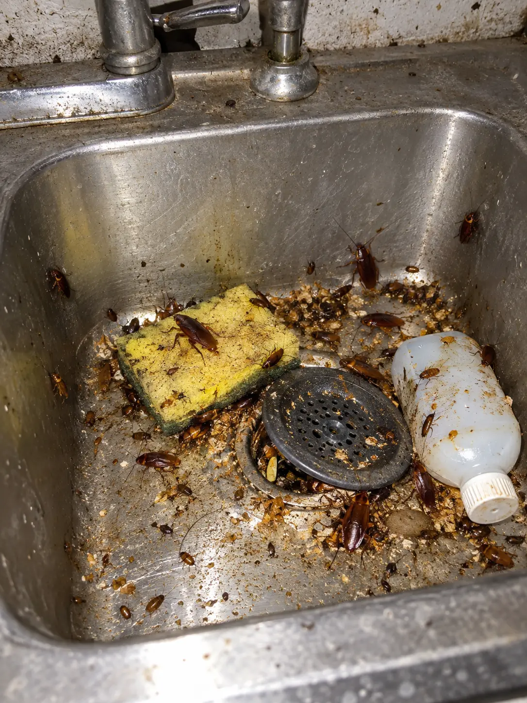 Cockroaches gathered around damp clutter in a utility sink