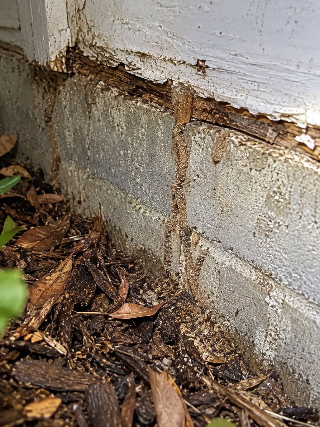 Termite mud tube on a concrete block foundation and damaged wood sill