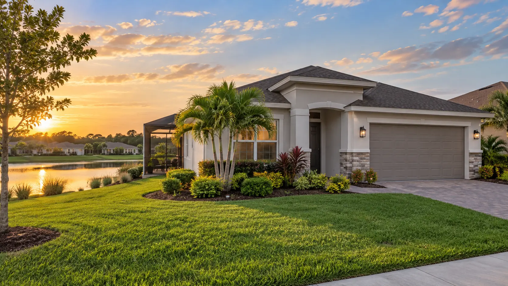 Newer Wesley Chapel home beside a neighborhood pond